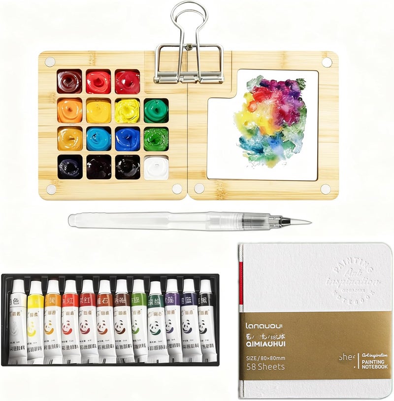F'DIARY Mini Travel Watercolor Set Pocket Artist Watercolor Travel Set Grid Palette Box Sketch Book Brush Pens With Binder Clips For Painters Artists Students (bamboo, 15 Grids) - Image 1